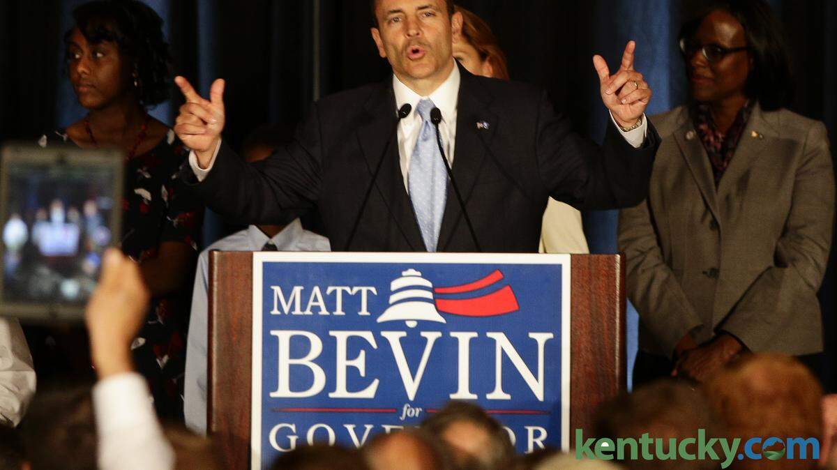 Matt Bevin gave his speech as he celebrated winning the election for Governor of Kentucky at the Galt House in  Louisville , Ky. on Tuesday November 3, 2015. Photo by Mark Cornelison | Staff