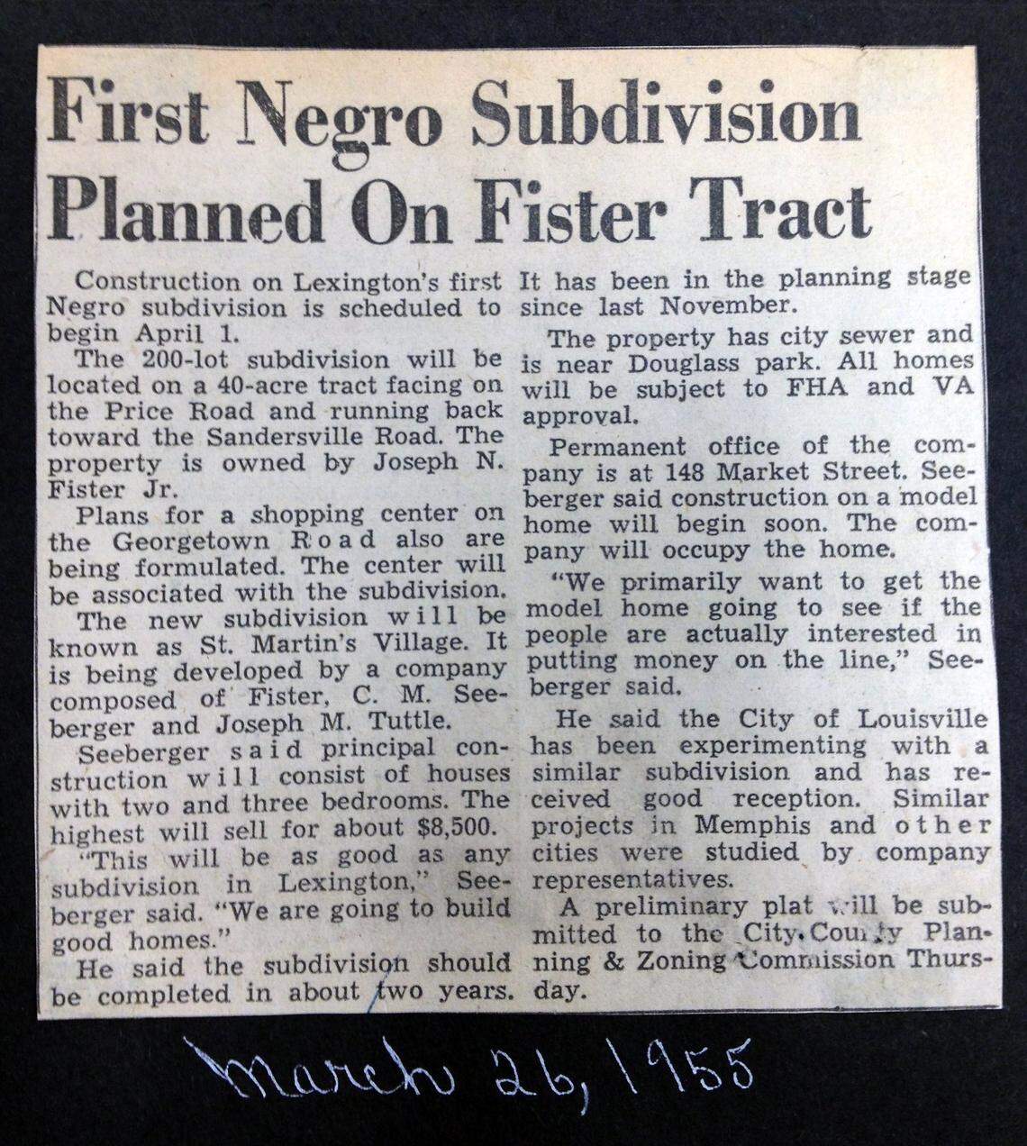 A Lexington Herald report from March 26, 1955, announcing St. Martin’s Village was clipped and saved in the Seeberger family’s scrapbook.