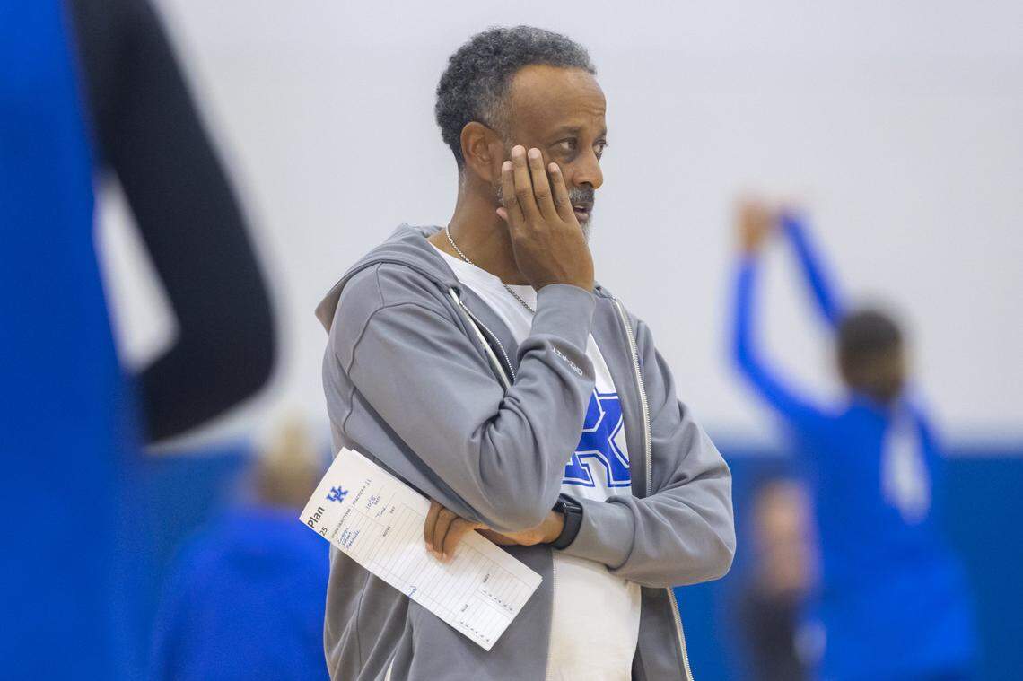 Kentucky women’s basketball coach Kenny Brooks watches his players practice during the team’s media day at Memorial Coliseum.