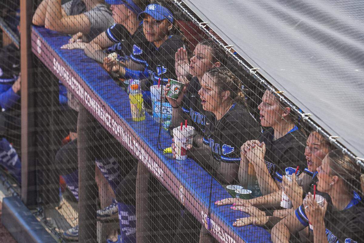 May 6, 2025; Athens, GA, USA; Kentucky players react in the dugout against Georgia during the first inning  at Jack Turner Softball Stadium. Mandatory Credit: Dale Zanine-Imagn Images