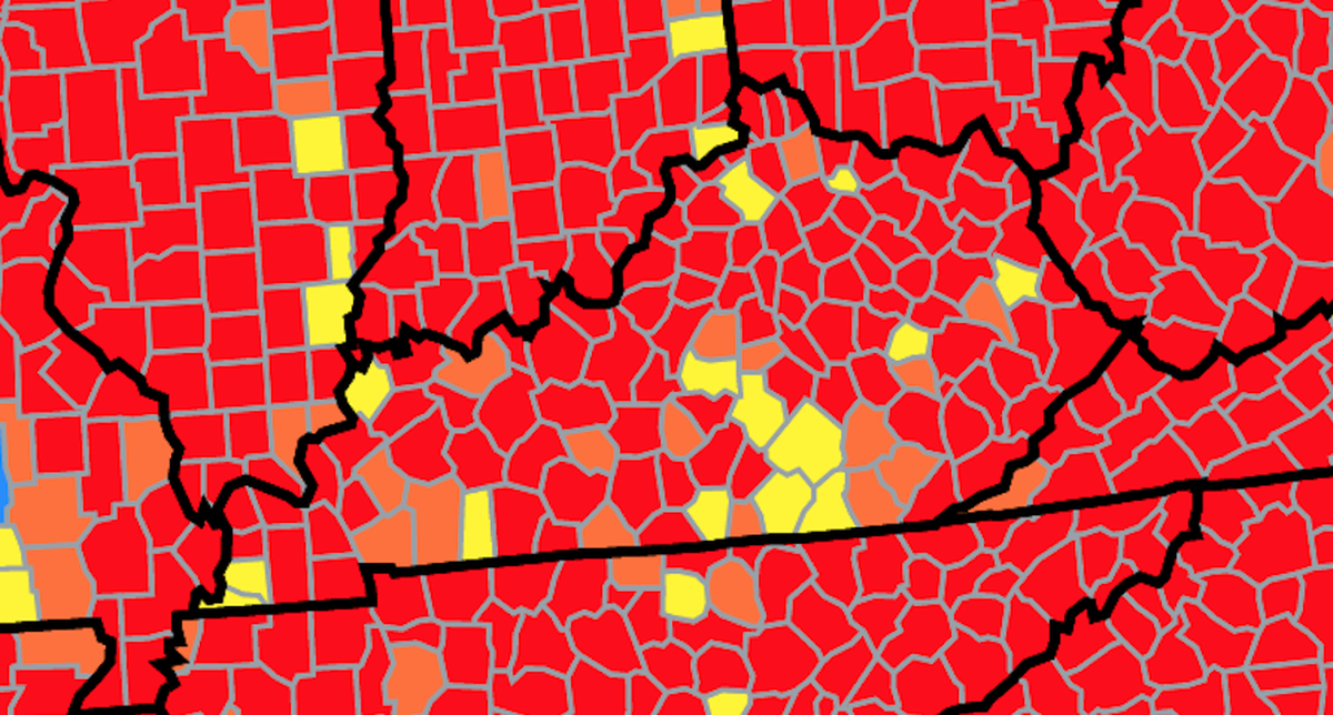This U.S. Centers for Disease Control and Prevention map shows COVID-19 community transmission levels by Kentucky counties as of Friday, June 10.