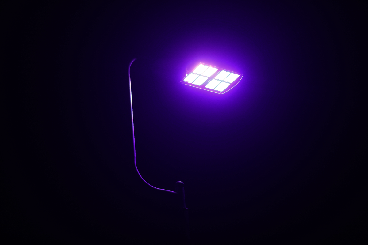Close-up shot of mysteriously eerie purple street lights along New Circle Road, spaced about a mile in each direction of Georgetown Road, illuminating the highway on December 10, 2024, in Lexington, Ky