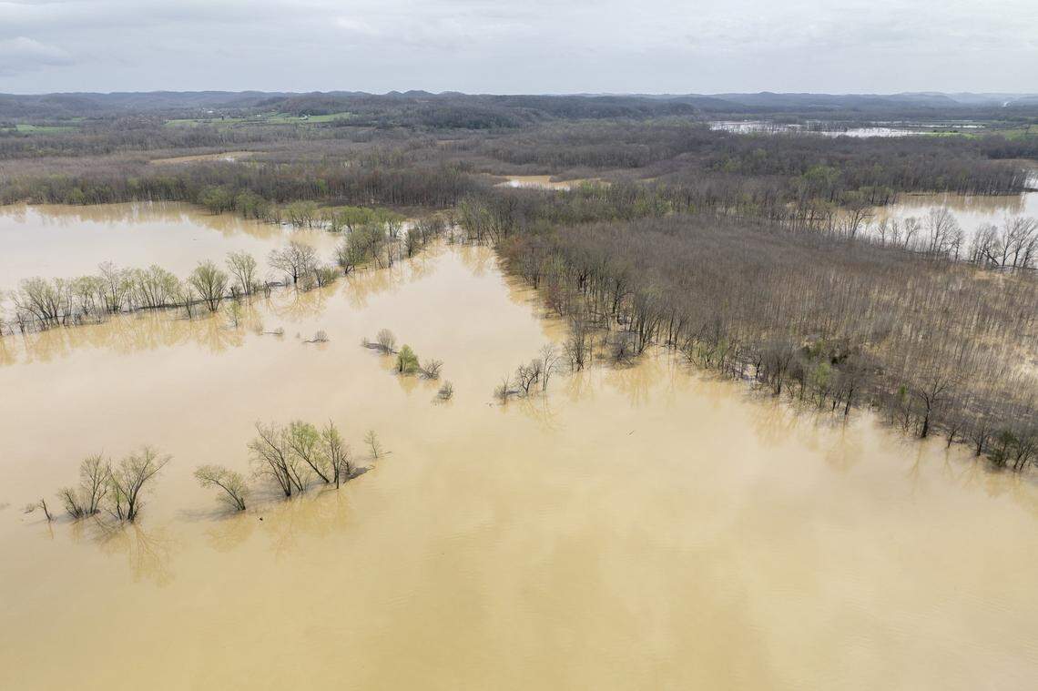 Water floods fields near Kentucky Route 39 near Crab Orchard in Lincoln County, Ky., on Friday, April 4, 2025.