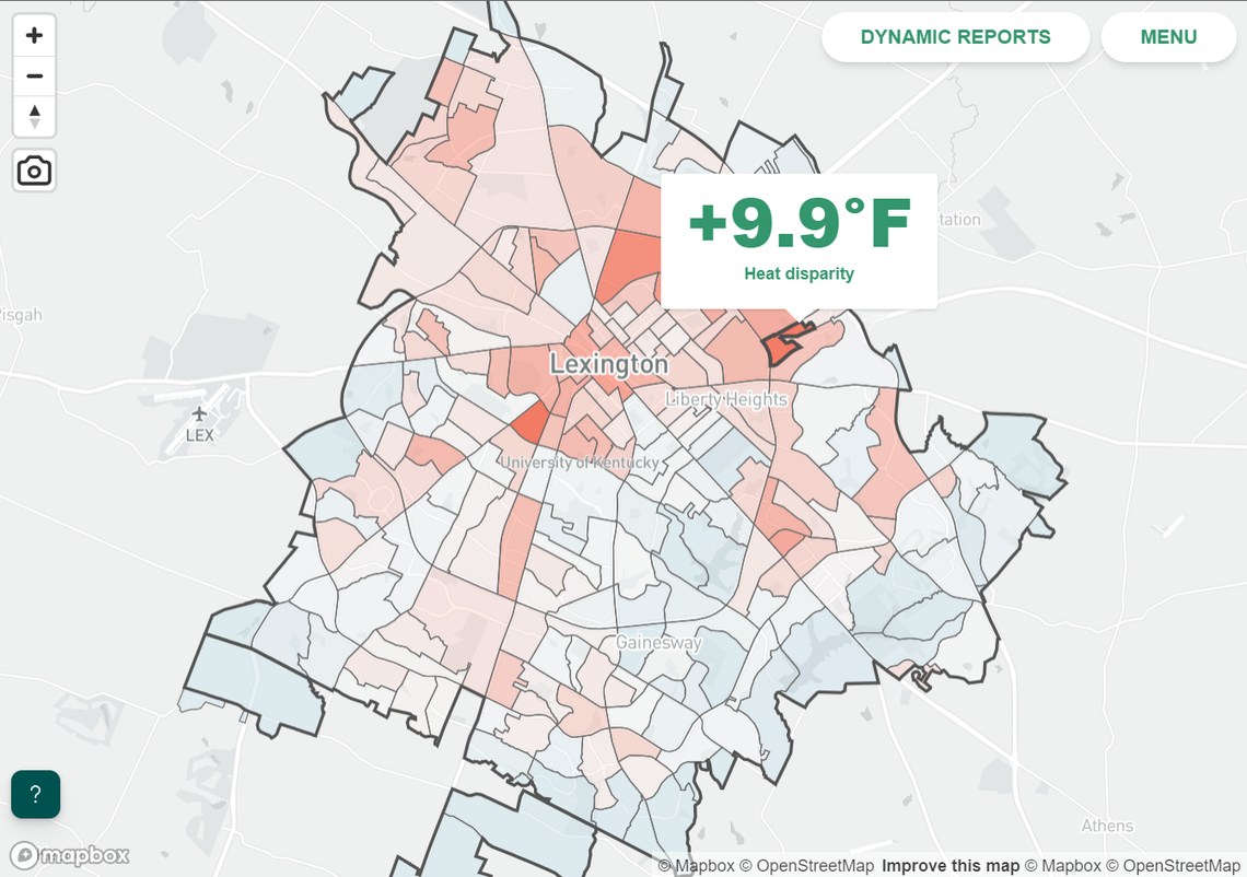 A map from Tree Equity Score shows which areas of Lexington experience the most pronounced heat disparities. The measure compares the average heat extremity in a Census block group (a neighborhood) with the overall urban area average, offering a picture of variance in heat severity across an urban area. In Lexington, heat disparities are generally more pronounced on the city’s north and east sides. The neighborhood around Yates Elementary School in east Lexington experiences the most severe heat disparity at +9.9 degrees F.