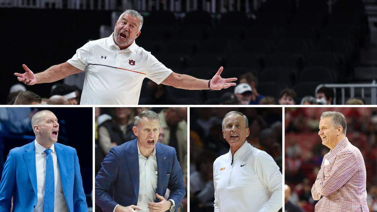 SEC basketball coaches, clockwise from top, Auburn’s Bruce Pearl, Arkansas’ John Calipari, Tennessee’s Rick Barnes, Alabama’s Nate Oats and Kentucky’s Mark Pope will lead their teams through conference play, starting this weekend.