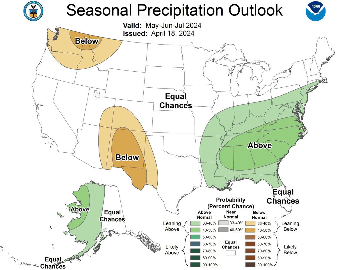 The three-month precipitation outlook from the Climate Prediction Center valid through May, June and July in 2024. The center's projection indicates Kentucky is leaning toward above normal precipitation for those months this year.