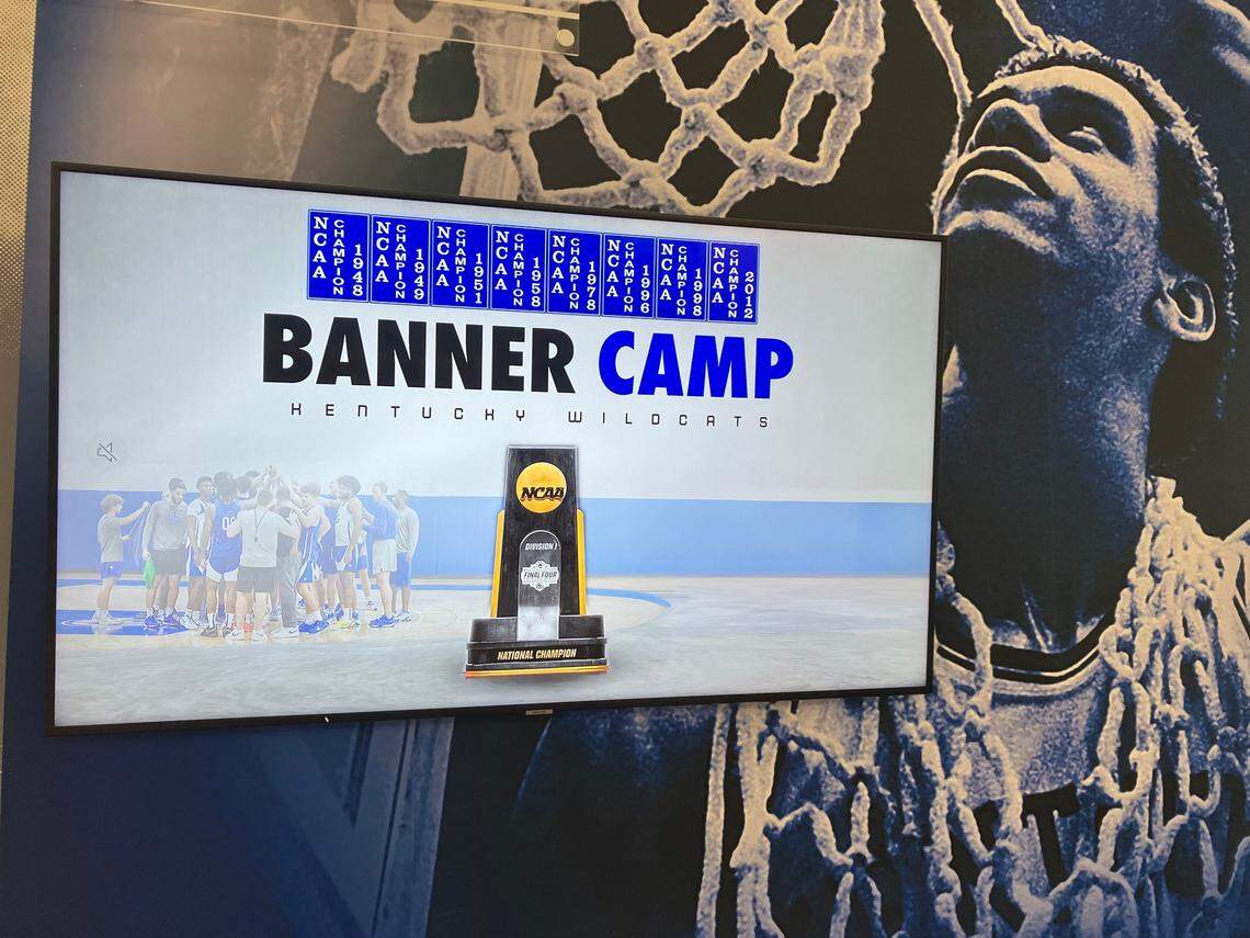 A TV in the lobby of the Joe Craft Center displayed a “Banner Camp” graphic Thursday morning amid the first week of UK men’s basketball practice.