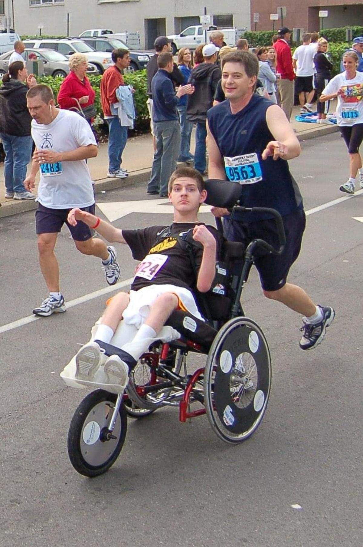 Jim Hans of Louisville and his son Alex Hans ran together, completing seven mini-marathons and one full marathon before Alex died five years ago. Alex, diagnosed with cerebral palsy, would ride in the wheelchair while his father pushed him.