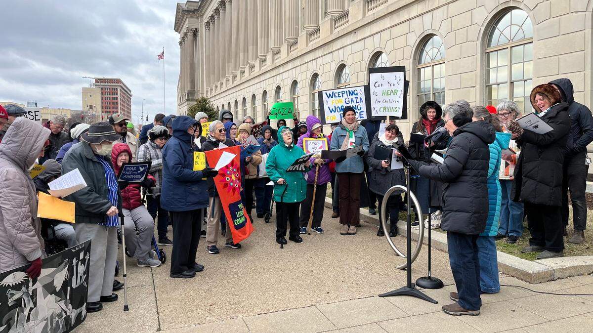 The Loretto Community, including Sisters of Loretto, a group of vowed Catholic sisters based in Nerinx, and dozens of other gathered outside of U.S. Sen. Mitch McConnell’s Louisville office Wednesday, Feb. 28, 2024, for a prayer for peace in Gaza.