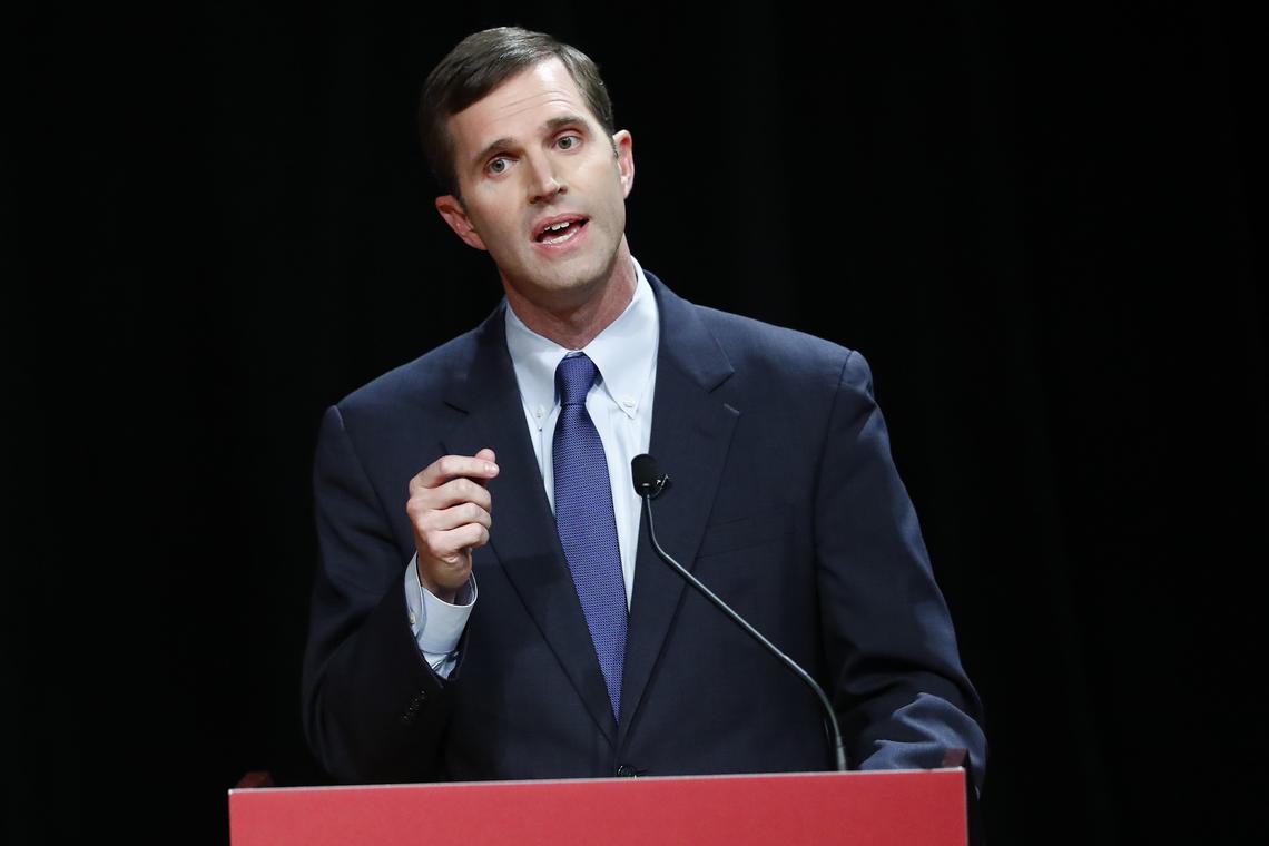 Kentucky Democratic gubernatorial candidate Andy Beshear responds to a question during a debate at Transylvania University in Lexington, Ky., Wednesday, April 24, 2019.