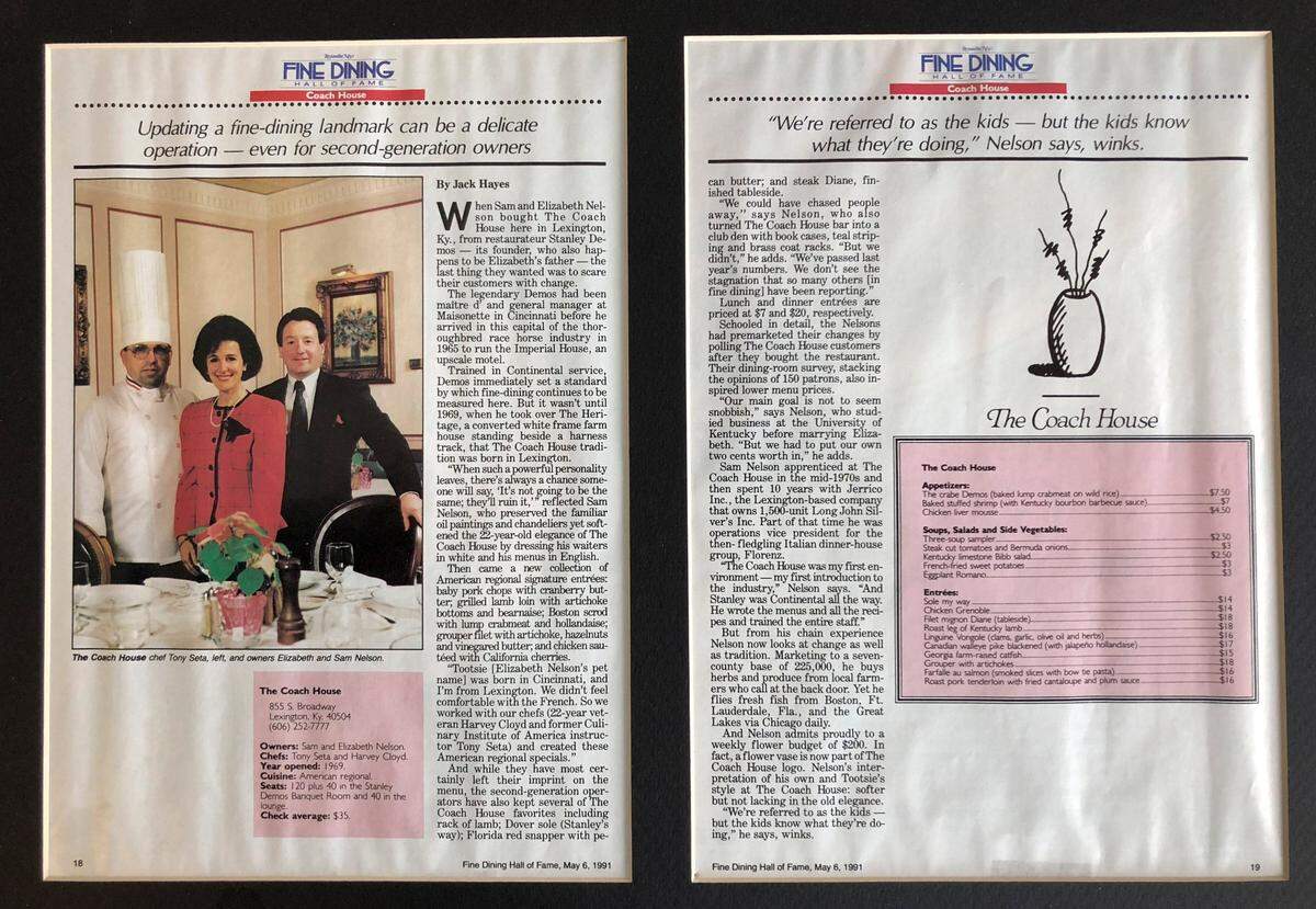 A May 6, 1991, article in Restaurant News magazine on The Coach House in Lexington after Sam and Elizabeth Nelson bought the restaurant from Elizabeth’s father Stanley Demos.