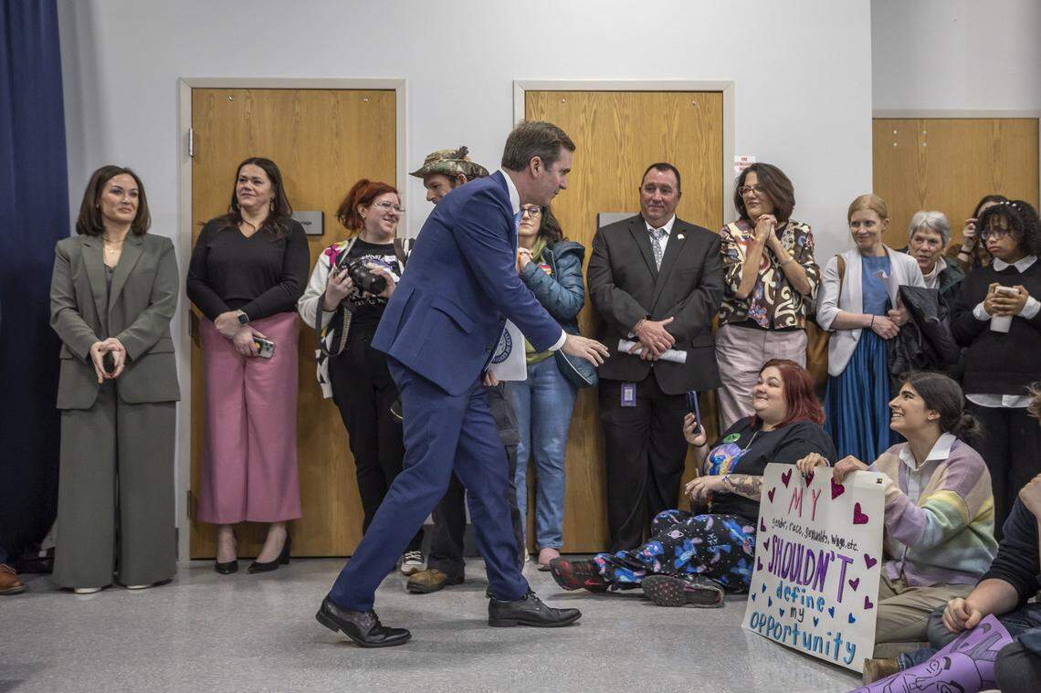 Kentucky Gov. Andy Beshear greets attendees during the Fairness Rally at the Kentucky state Capitol Education Center in Frankfort, Ky., on Wednesday, Feb. 25, 2026.