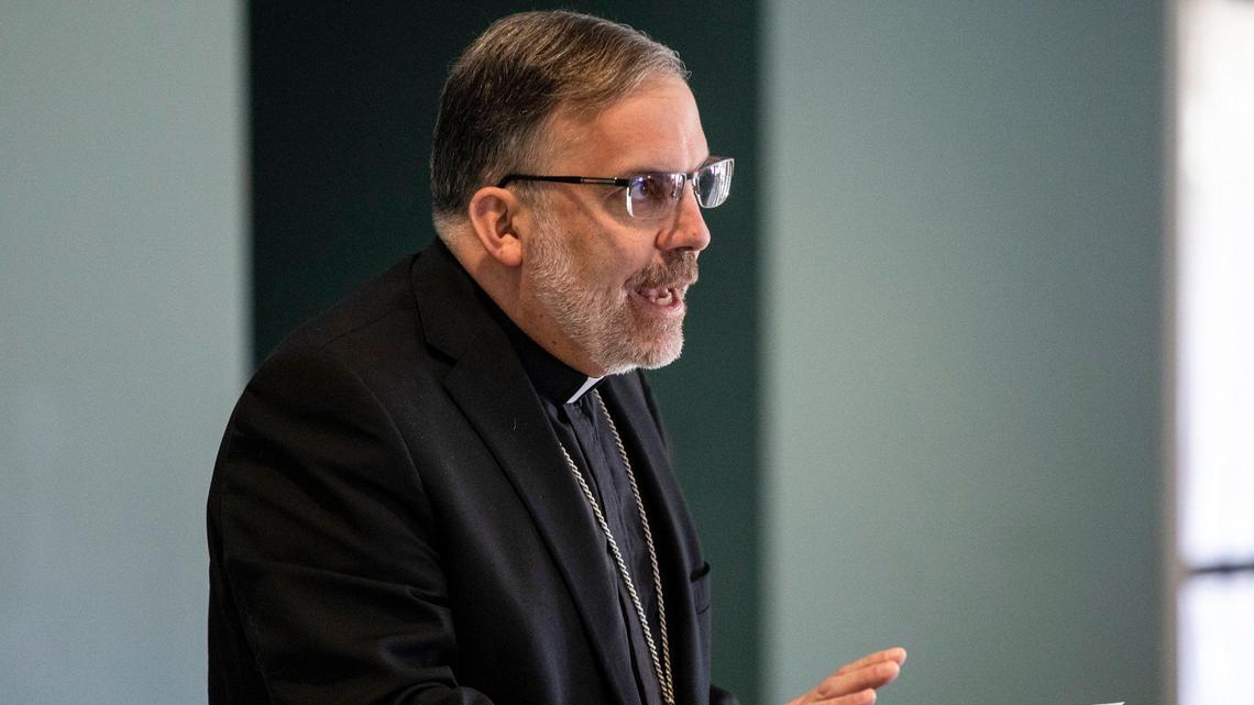 Bishop John Stowe speaks at a press conference at Cliffview Retreat and Conference Center in Garrard County, Ky., Friday, Nov. 8, 2019.