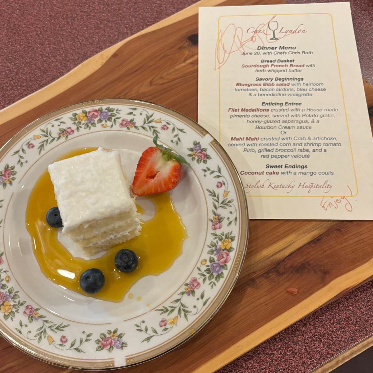 Coconut cake with mango coulis at Chez Lyndon