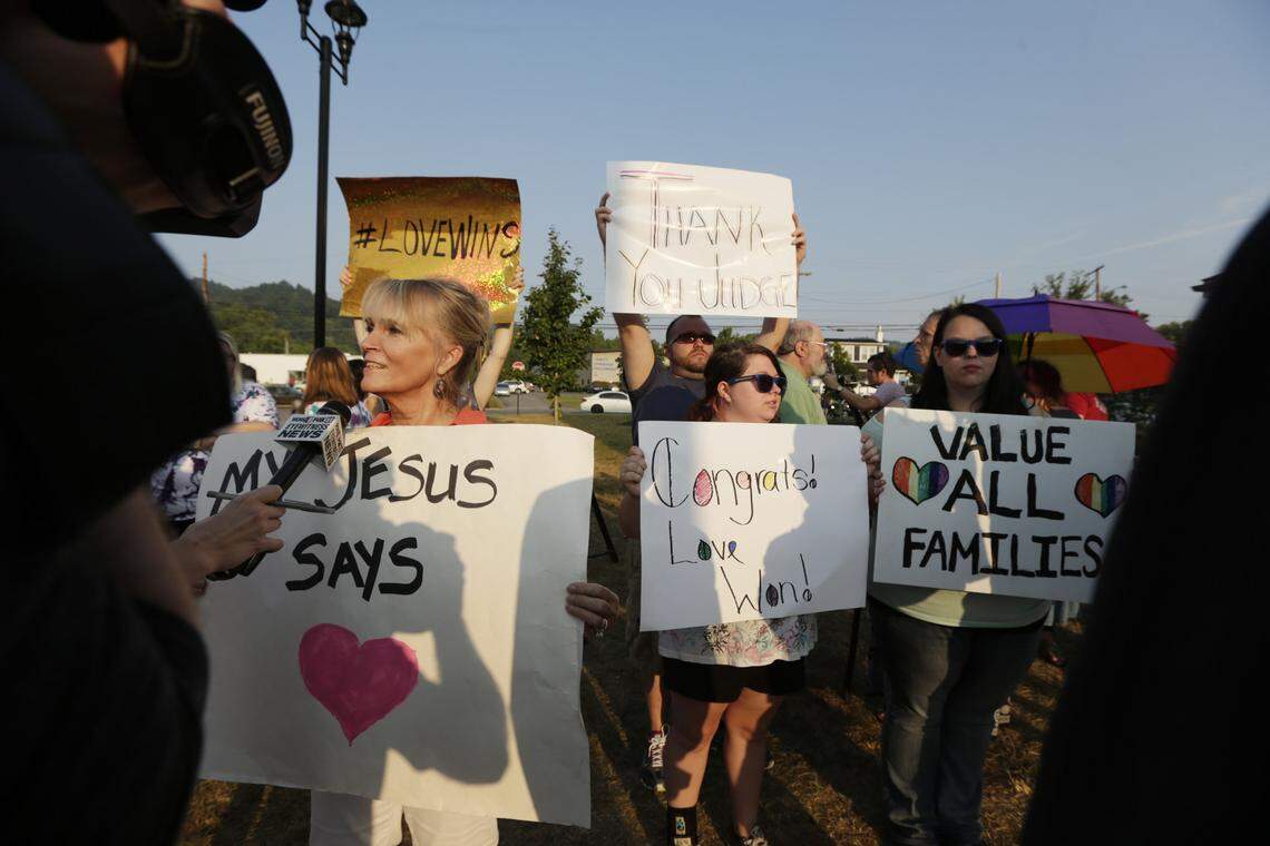 Supporters of gay marriage gathered in front of the Rowan County Courthouse in Morehead, Ky., on Sept. 4, 2015. The clerk's office began issuing marriage licenses that morning. Photo by Pablo Alcala | Staff