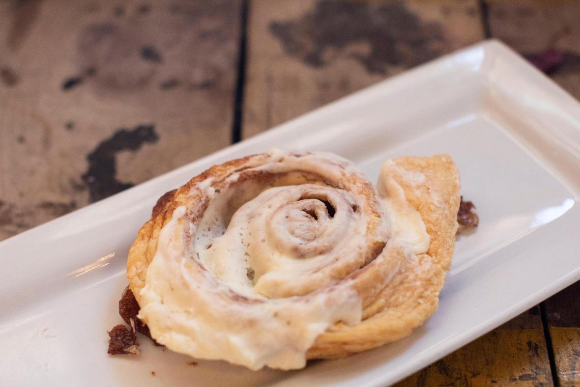 Cinnamon rolls are a popular item from the Side Porch Cafe are made with puff pastry giving them a flaky texture in Waco Ky., Thursday, February 25, 2021.