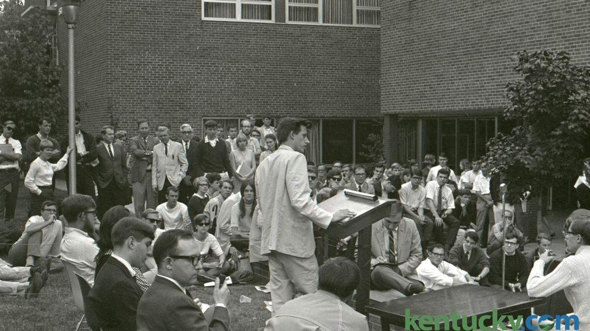 Alan McSurely, charged with sedition in Pike County, spoke at the University of Kentucky in the late 1960s.