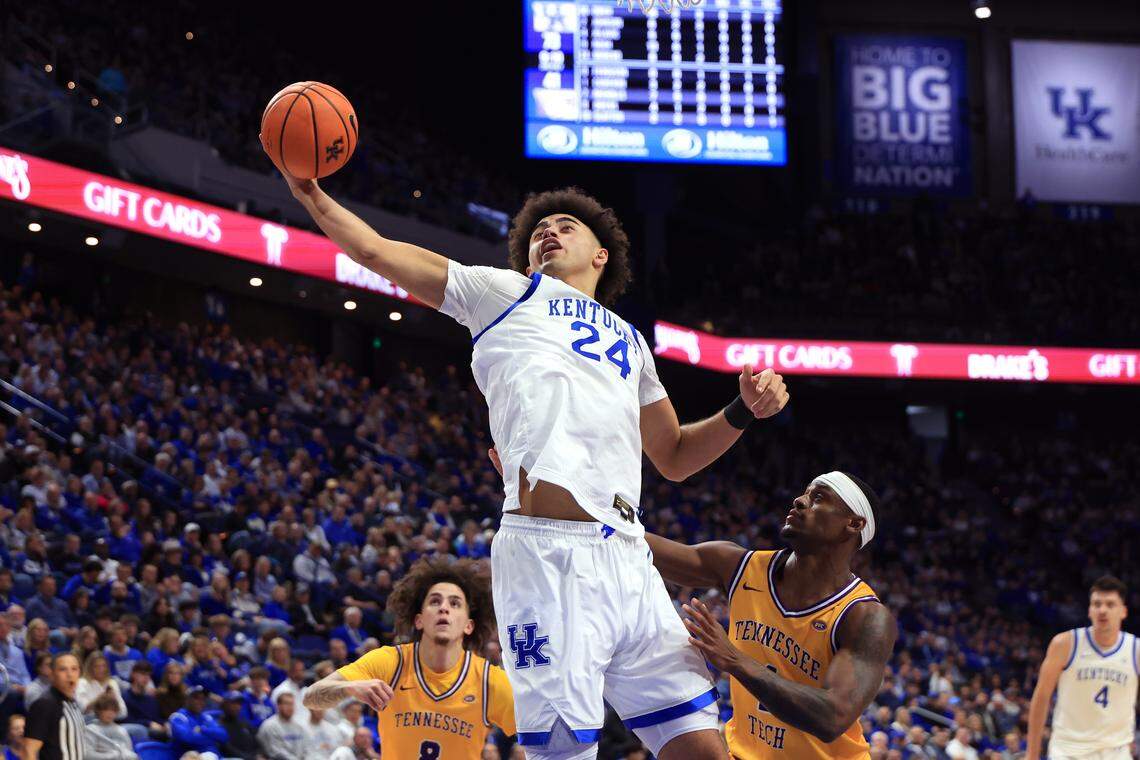 LEXINGTON, KENTUCKY - NOVEMBER 26: Malachi Moreno #24 of the Kentucky Wildcats rebounds the ball during the second half against the Tennessee Tech Golden Eagles at Rupp Arena on November 26, 2025 in Lexington, Kentucky. (Photo by Justin Casterline/Getty Images)
