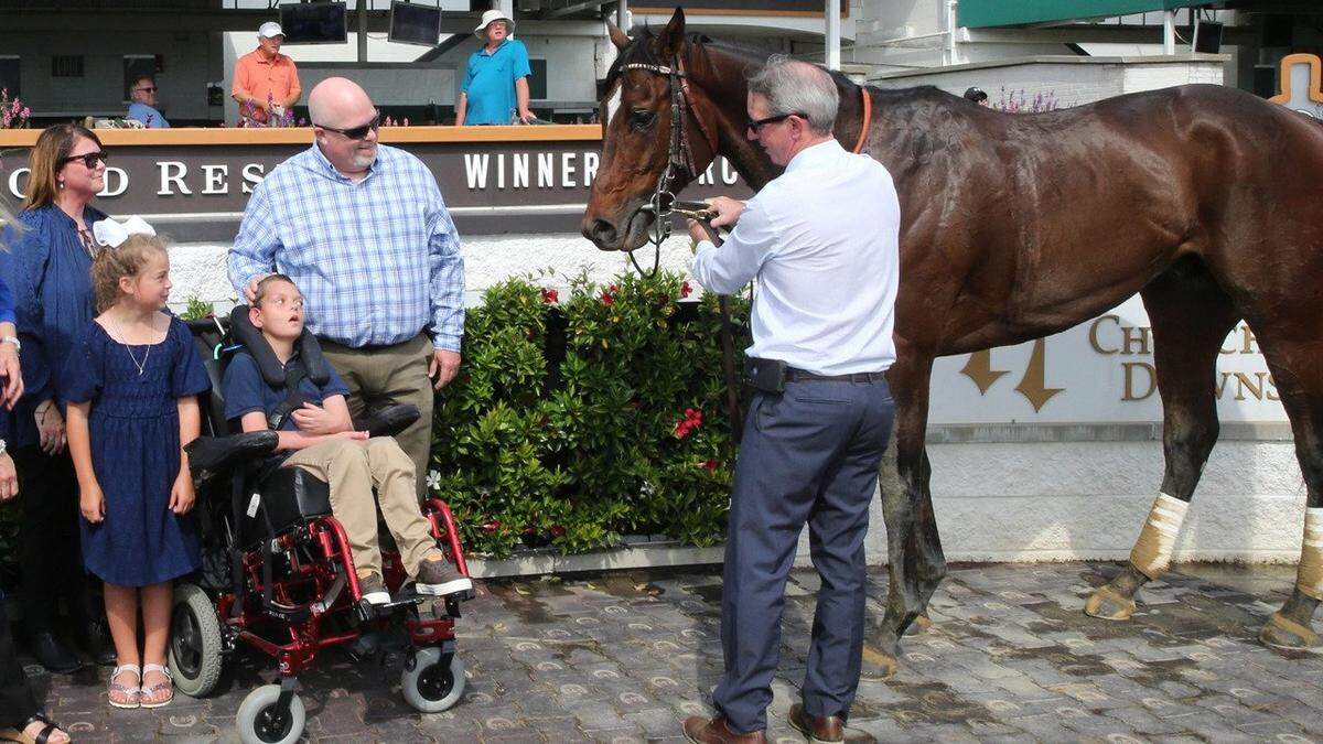 Cody Dorman and his family met with Cody’s Wish at an earlier race day at Churchill Downs. The 5-year-old son of Curlin won Saturday’s $750,000, Grade 1 Churchill Downs Stakes, his first race since winning the Breeders’ Cup Dirt Mile at Keeneland last fall.