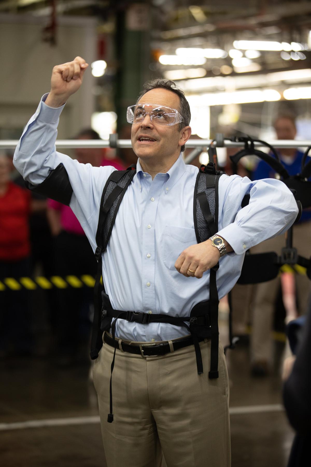 Governor Matt Bevin tries on an Exoskeleton on March 28, 2019 during a tour for presidential advisor Ivanka Trump of the Toyota manufacturing plant in Georgetown.