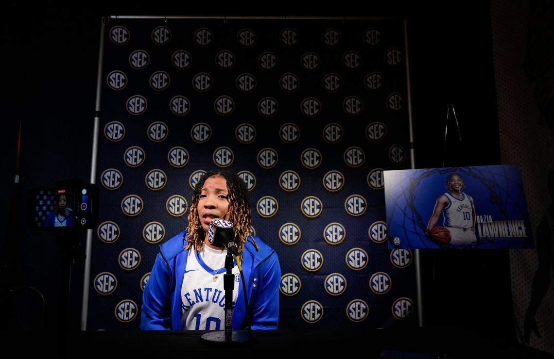 Kentucky’s Dazia Lawrence addresses questions from reporters during the SEC’s media day on Wednesday.