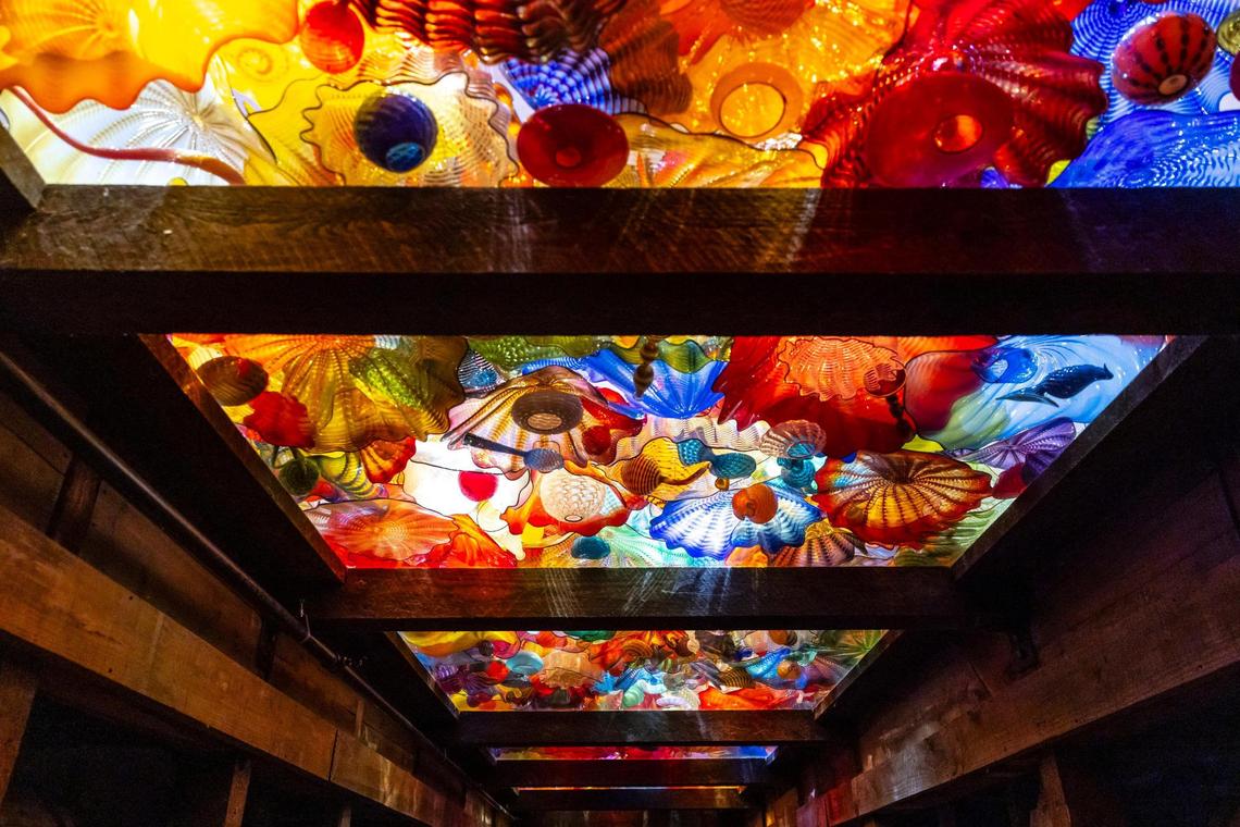 “The Spirit of the Maker” by Dale Chihuly is a permanent installation inside Maker’s Mark tasting room at Star Hill Farm, home of Maker’s Mark Distillery, in Loretto, Ky., on Friday, July 18, 2025.