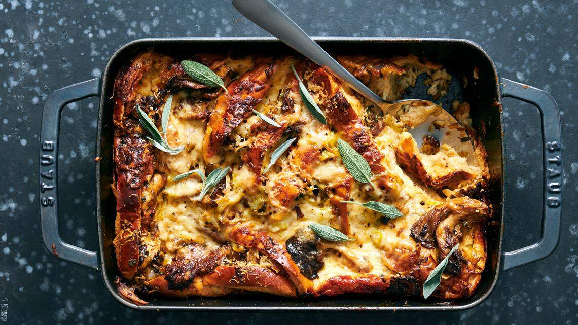 Mushroom bread pudding requires 12 hours of soaking then baking and is a perfect dish for cold weather.