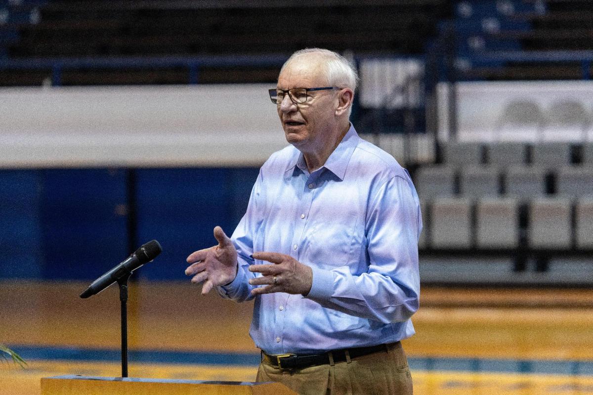 Dan Issel, former UK Men’s Basketball player, spoke at the memorial of former UK basketball player and radio announcer Mike Pratt at Memorial Coliseum who passed away in June. August 5, 2022.