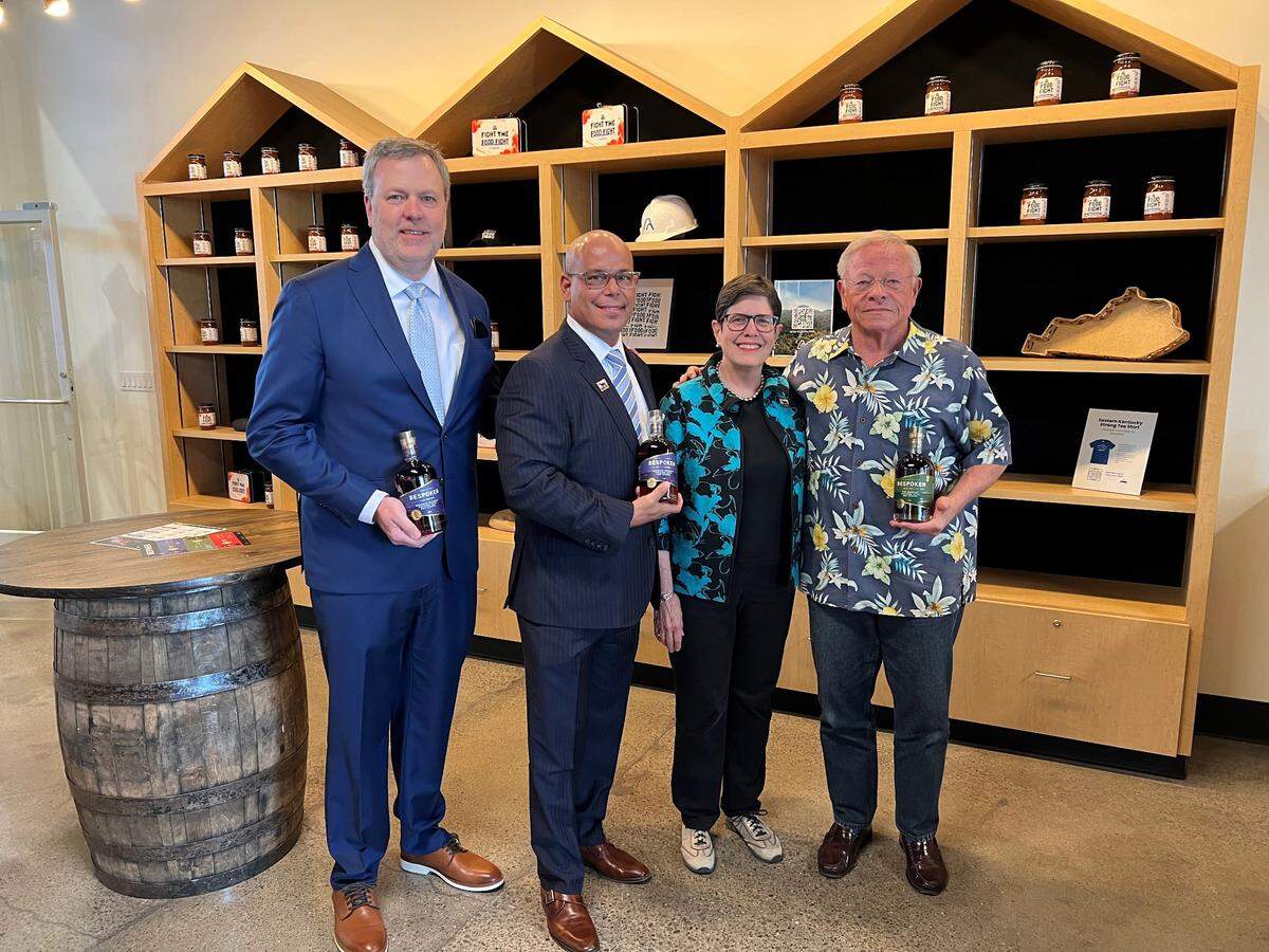Mayor Linda Gorton met with (from left) Bespoken’s vice president Scott Savage, CEO Peter Iglesias, and owner T.J. Rodgers during a visit to Lexington.