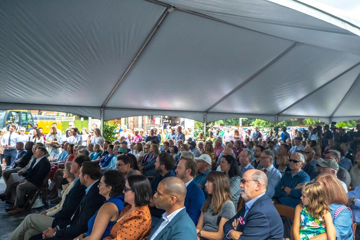 People attend a groundbreaking for Town Branch Park in Lexington, Ky., on Tuesday, Aug. 15, 2023. Town Branch Park, a $39 million dollar 10-acre park near Central Bank Center and Rupp Arena, is just the latest amenity to come to the area around Central Bank Center in recent years.