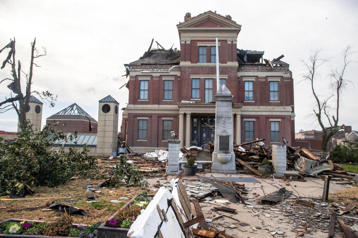 Downtown Mayfield was also hit hard, and The top of the Graves County Courthouse in downtown Mayfield iis gone after the overnight tornado.