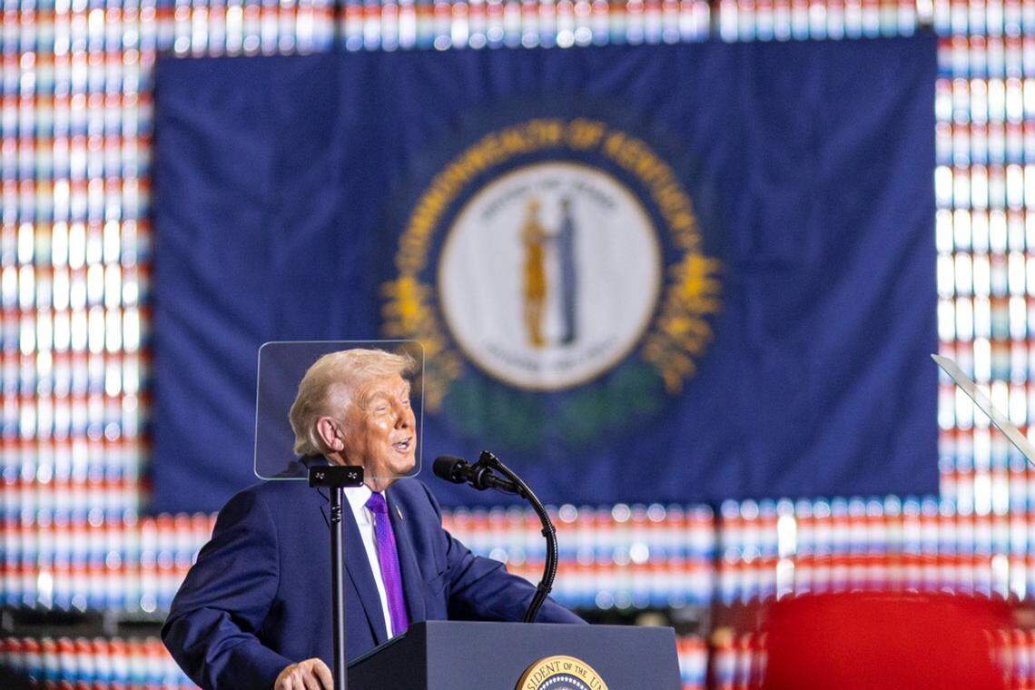President Donald Trump laughs at a joke while speaking during his visit to Verst Logistics in Hebron, Ky., Wednesday, March 11, 2026.