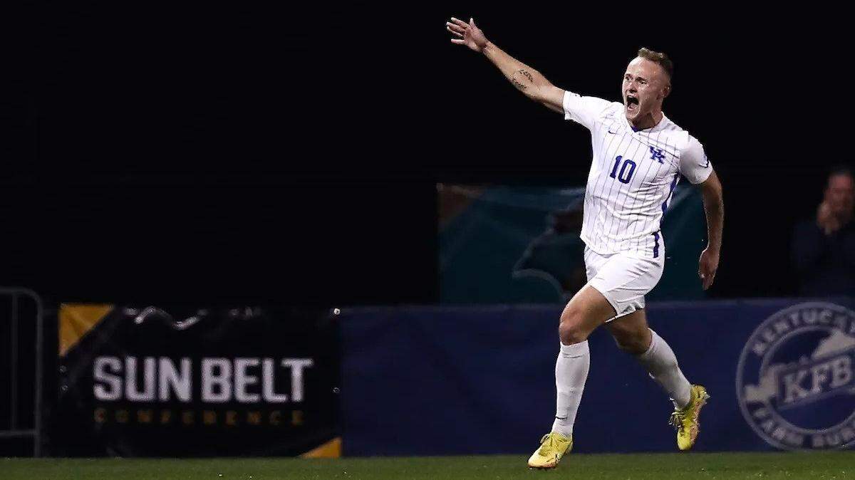 Casper Grening celebrates after scoring Kentucky’s first goal of the night in the 22nd minute on Wednesday.