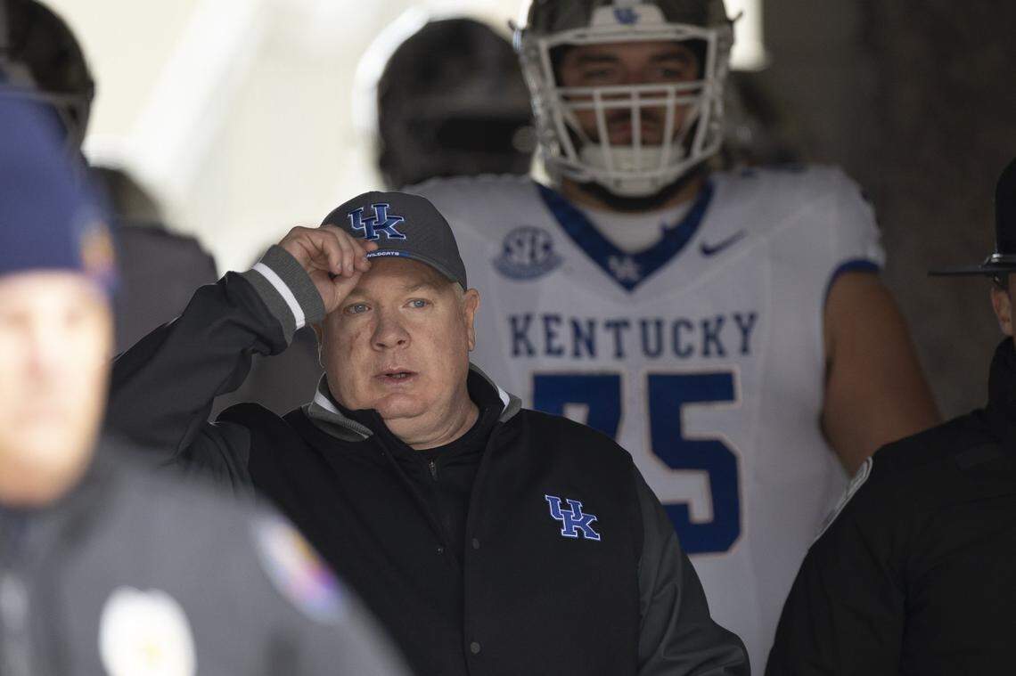 Kentucky Wildcats head coach Mark Stoops takes the field before the Governor’s Cup at L&N Federal Credit Union Stadium in Louisville, Ky., on Saturday, Nov. 29, 2025.