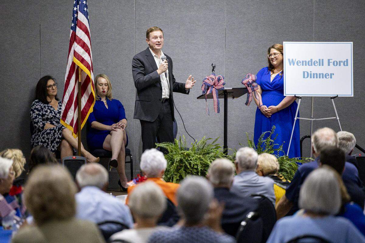 Zach Dembo, a candidate for the 6th district, speaks during the annual Wendell H. Ford Dinner on Tuesday, Sept. 30, 2025, at Clay Community Center in Mt. Sterling, Ky.