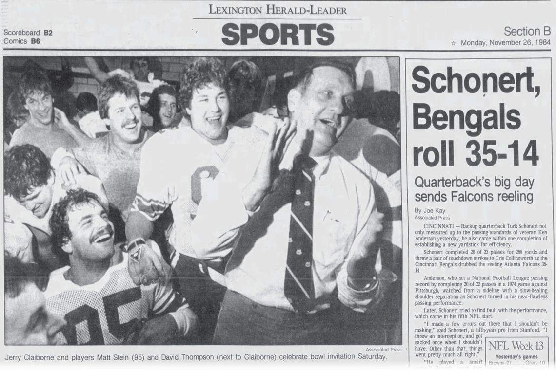 The Monday, Nov. 26, 1984 Sports page of the Lexington Herald-Leader displayed a picture of University of Kentucky head football coach Jerry Claiborne celebrating with players, including Matt Stein (lower left), after UK beat Tennessee 17-12 at Neyland Stadium and accepted a bid to the Hall of Fame Bowl. Matt Stein’s son, Will Stein, will be UK football’s next head coach.