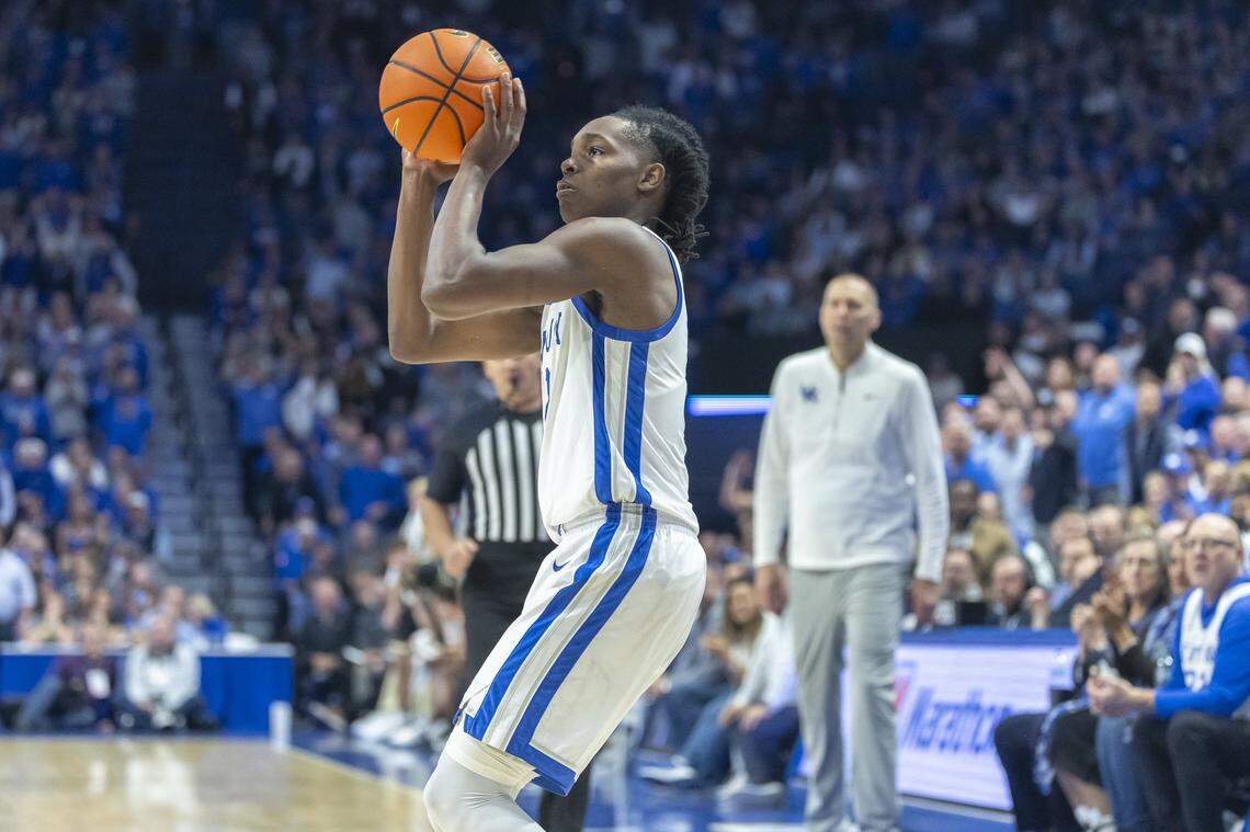 Through its two exhibition games and Tuesday night’s 77-51 victory over Nicholls in the official season opener, Kentucky 3-point shooters have made 23 of 86 3-point shots, a chilly 26.7%. Freshman guard Jasper Johnson (2) is 5 of 17 on treys in those three games.