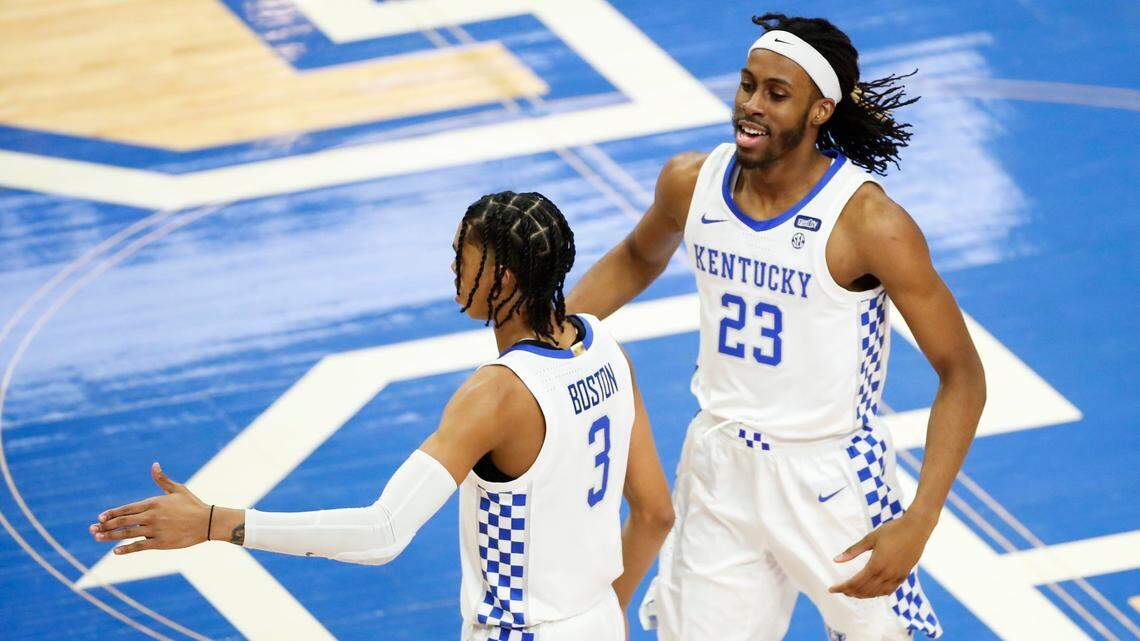 Kentucky forward Isaiah Jackson (23) celebrated with guard Brandon Boston Jr. (3) during their game against LSU in Rupp Arena on Jan. 23.