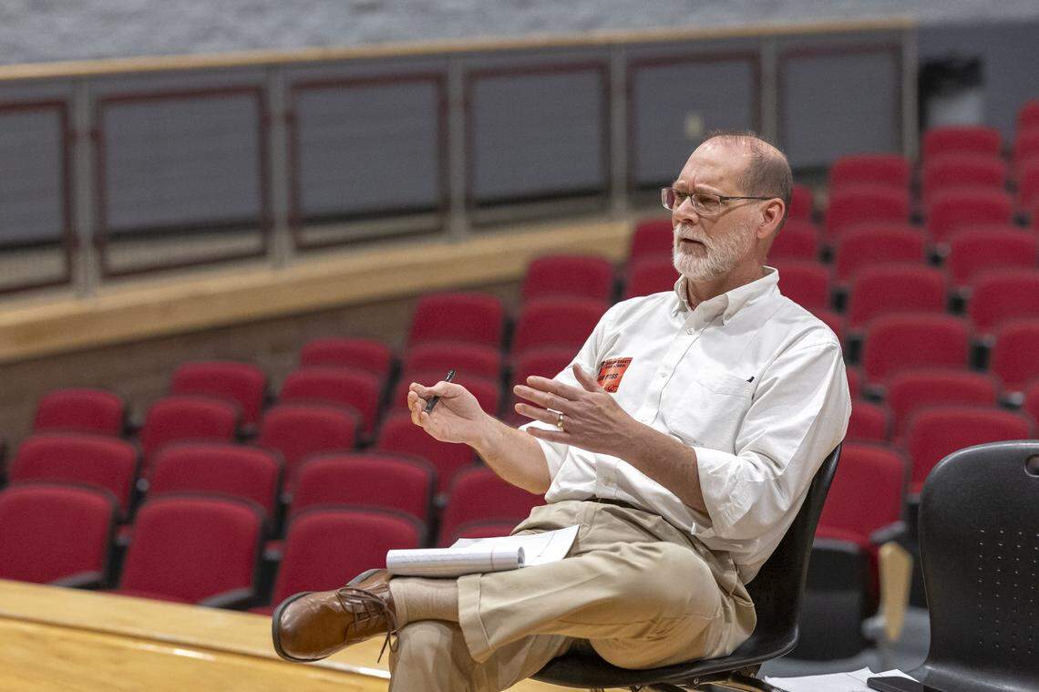 Lexington Herald-Leader reporter Bill Estep interviews students at Harlan County High School in Harlan, Ky., on Wednesday, May 8, 2024.