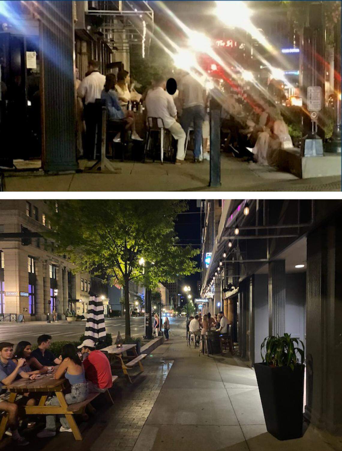 In his Monday press conference, Gov. Andy Beshear showed photos of crowds outside two bars in Lexington, including one of Harvey’s shown in the top photo. Harvey’s co-owner Avena Kiely says the picture was misleading, producing her own photo taken that night. Kiely said the bar had only about 40 patrons at the time, including the group of 10 to 12 out front.