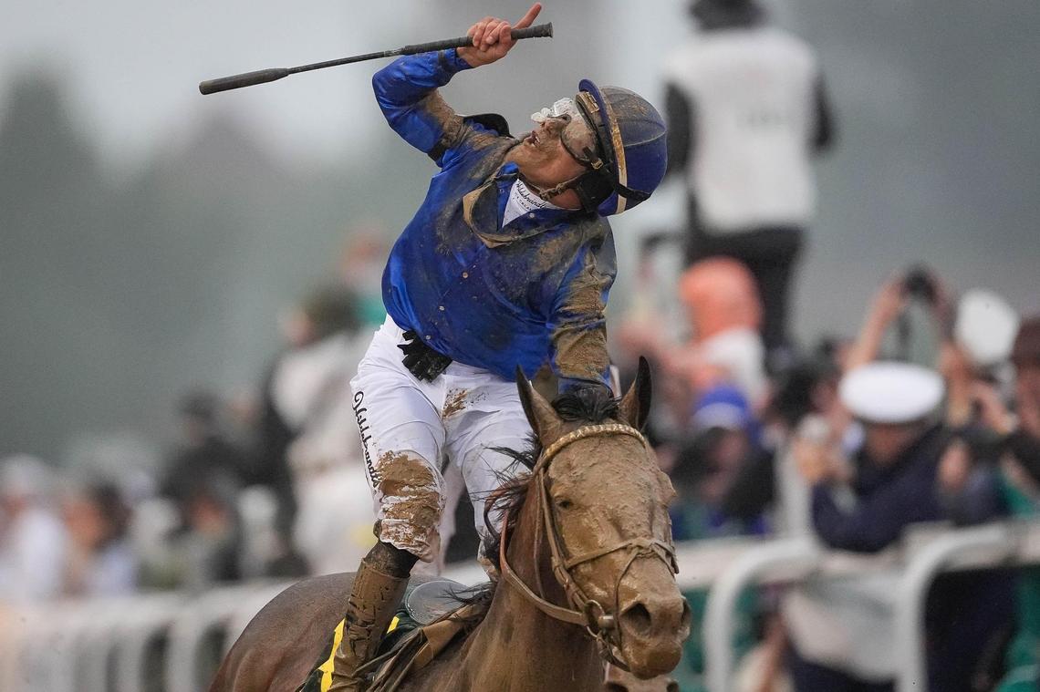 Jockey Junior Alvarado, aboard Sovereignty, celebrates after winning the 151st running of the Kentucky Derby, at Churchill Down, in Louisville, Kentucky, Saturday, May 3, 2025.