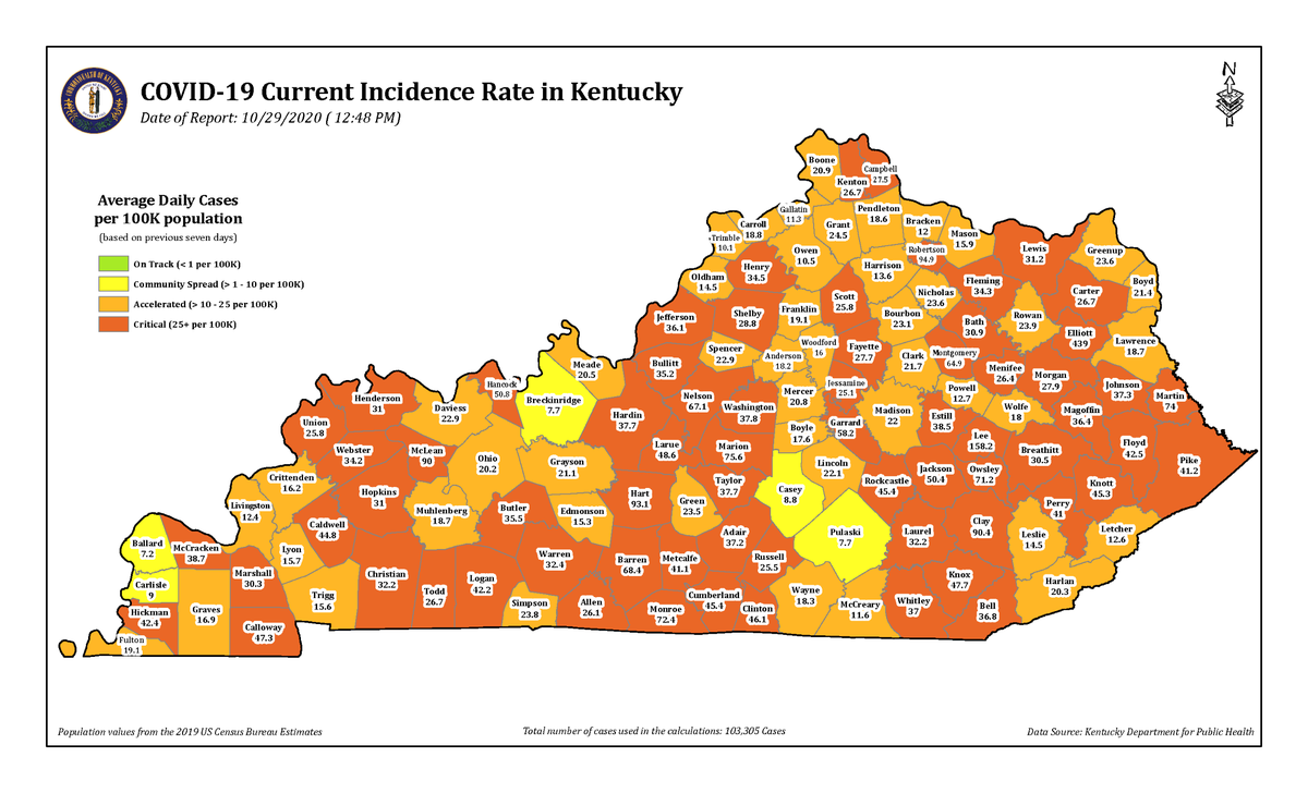 In Kentucky, 68 counties had critical spread of COVID-19 on Thursday, Oct. 29, 2020, and were urged to implement more restrictions to slow the virus the following week.