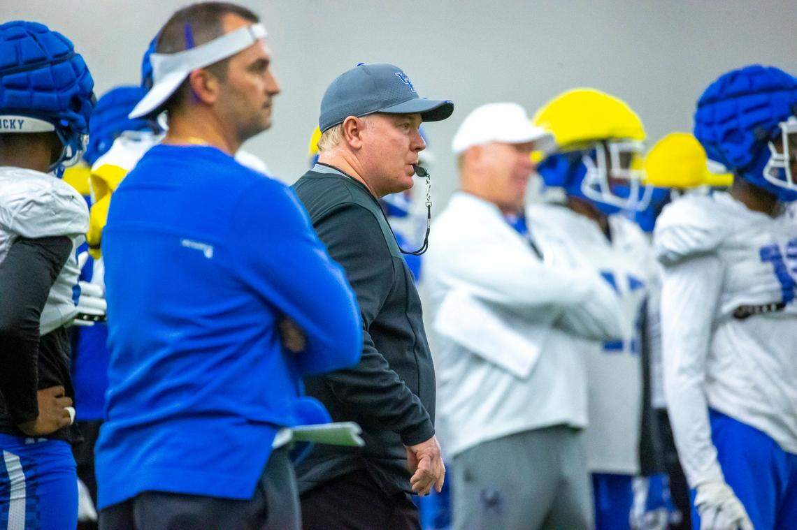 Kentucky head coach Mark Stoops watches his team during practice at the Joe Craft Football Training Facility on March 21.