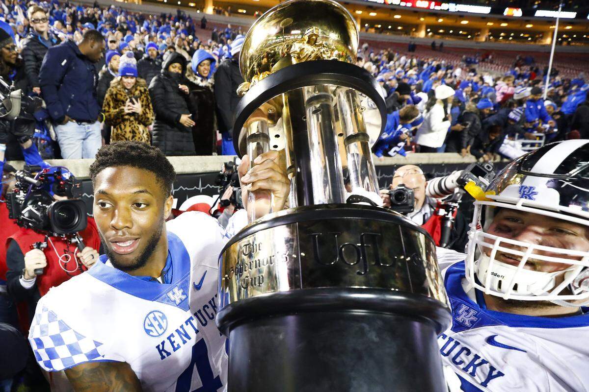 The Governor’s Cup trophy, which goes to the winner of the Kentucky-Louisville football game, has resided in Lexington since the Wildcats scored a 56-10 victory over the Cardinals on Nov. 24, 2018. UK has beaten U of L four games in a row.