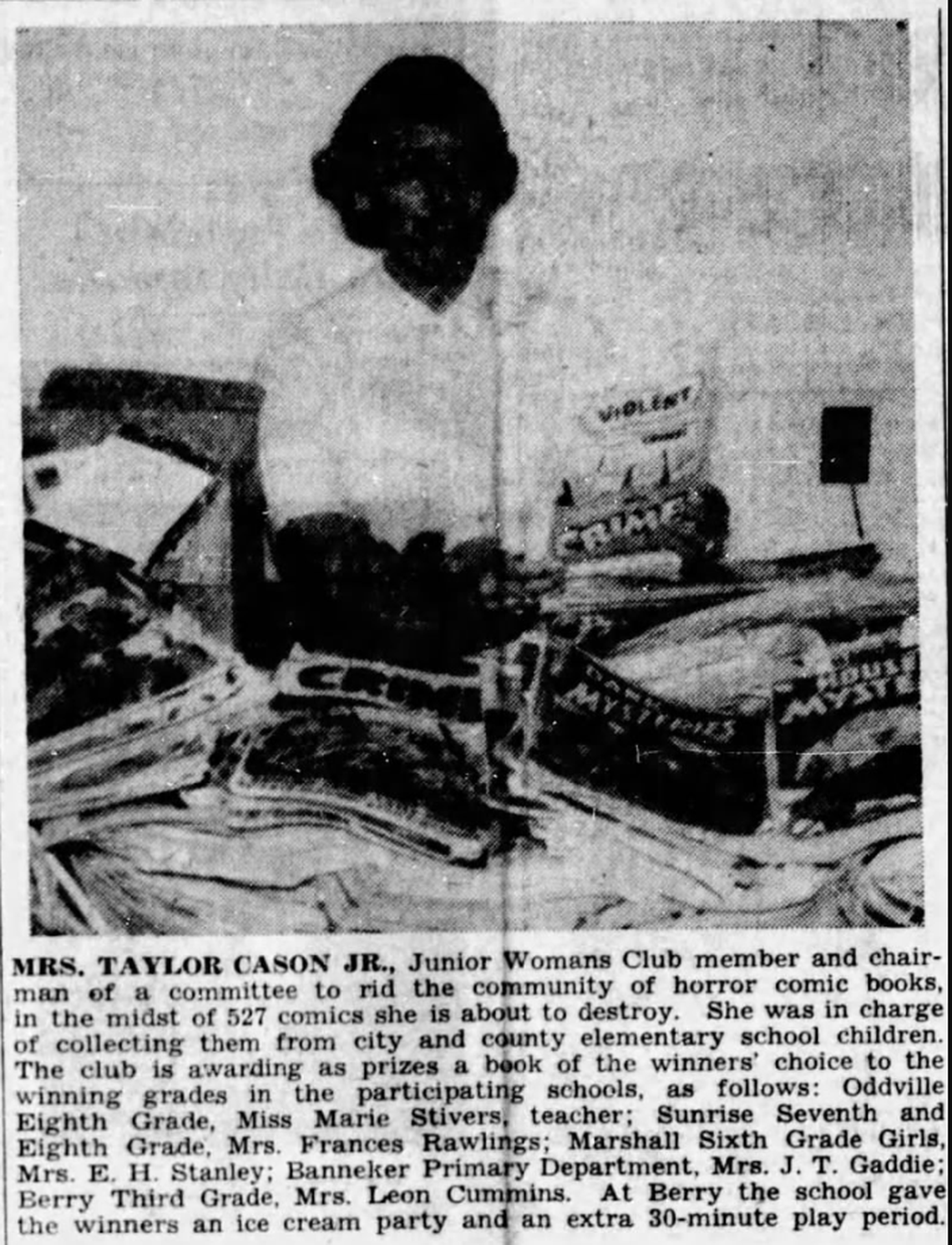 A member of the Junior Woman’s Club of Cynthiana, Kentucky, is surrounded by hundreds of comic books collected from local school children, soon to be destroyed, in April 1955.