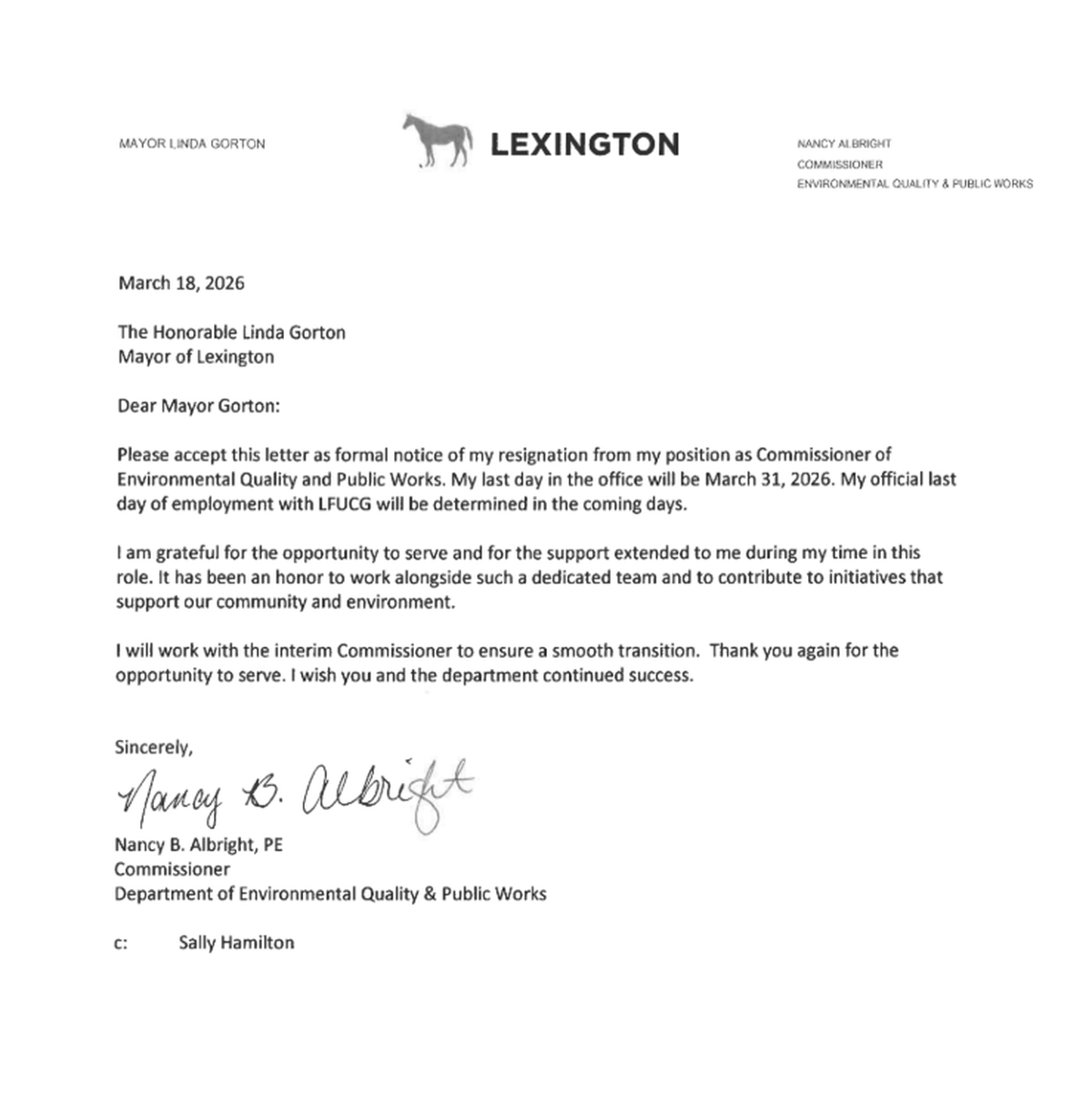 Environmental Quality and Public Works Commission Nancy Albright’s resignation letter to Mayor Linda Gorton.