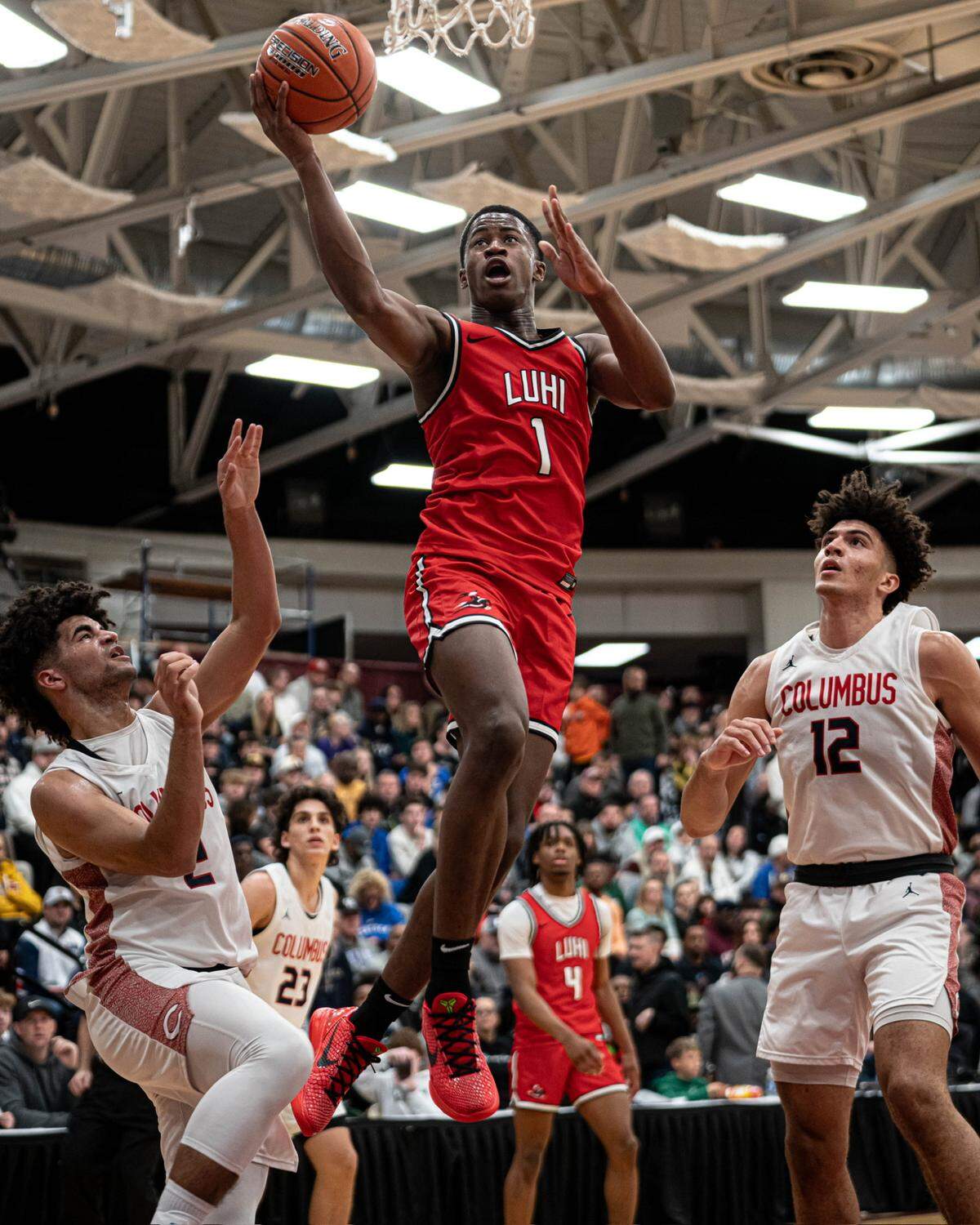 Class of 2024 college basketball recruit VJ Edgecombe goes up for a layup while playing with Long Island Lutheran (New York) High School at the Spalding Hoophall Classic in Springfield, Massachusetts. Edgecombe committed to Baylor on Sunday night.
