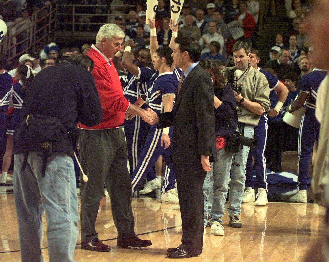 Kentucky Coach Rick Pitino, right, shook hands with Indiana Coach Bobby Knight before the Wildcats pulverized the Hoosiers 99-65 in Freedom Hall in 1996-97.