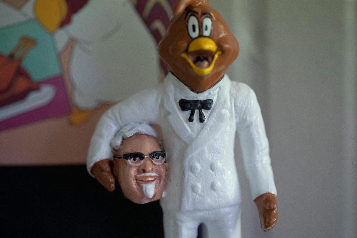 Tiffany Flanagan created “Henry Hawk Unmasked” for a group art toy show featuring interpretations of Colonel Sanders-style resin figures sculpted by Scott Cherry. The art show is on display at Earth to Kentucky in Covington, Ky., through May 8.