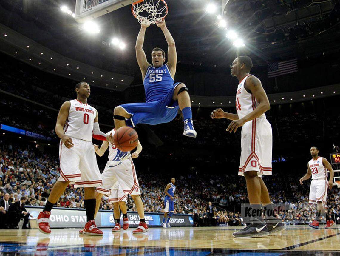 Kentucky big man Josh Harrellson dunked in the Wildcats’ 62-60 upset of No. 1 Ohio State in the 2011 NCAA Tournament East Region semifinals in Newark, N.J.